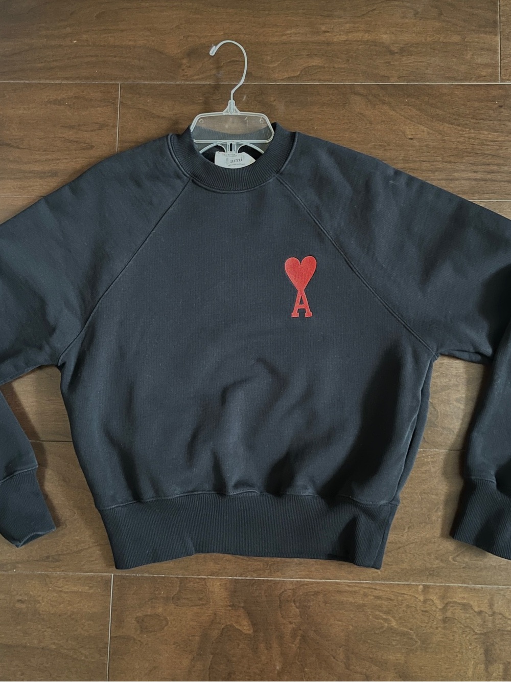 AMI Alexander Mattiussi Black Crewneck Sweatshirt with Red Heart A Logo